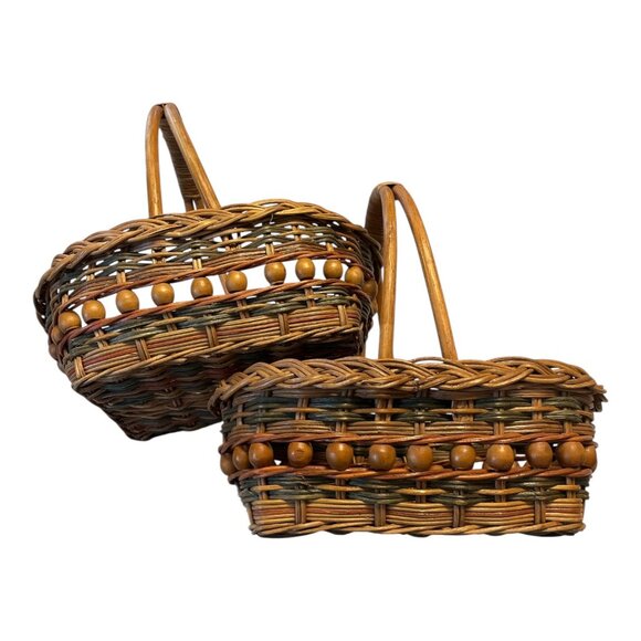 Pair of Vintage Woven Gift Baskets with Wooden Bead Trim – 12" x 12" x 10" – Boh - Picture 5 of 5